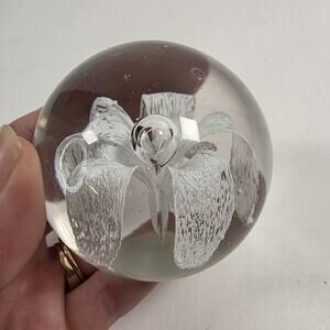 Art Glass Paperweight In Clear with White Flower unsigned desk decorative piece
